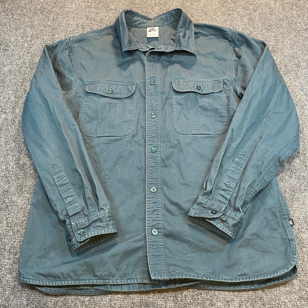 Nike SB Mens Large Green Long Sleeve Button Down Shirt Front Pockets - Picture 1 of 8